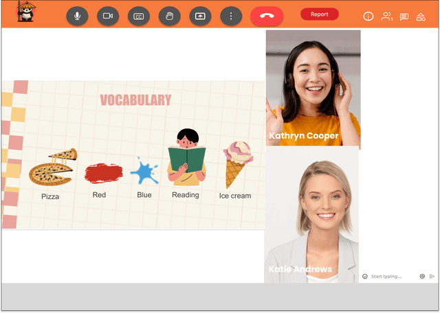 In-browser classroom interface with teacher video tiles and vocabulary board